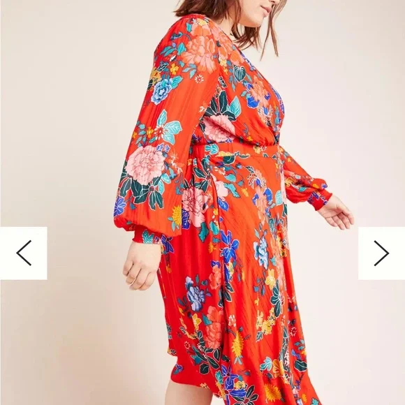 Anthropologie Red Floral Faux-Wrap Dress - Picture 5 of 9